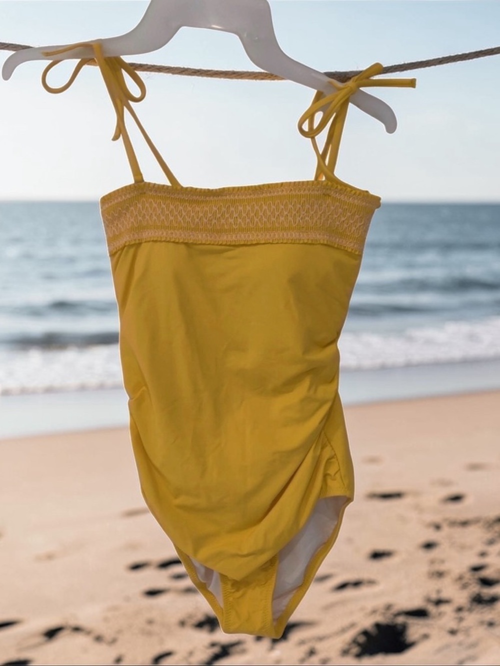 Lands End Draper James Bright Yellow Smocked One-Piece Swimsuit with Tie Straps